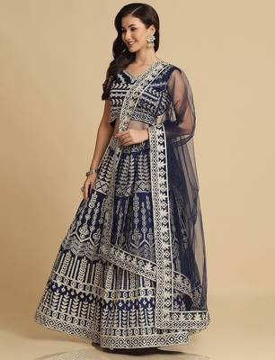 Embroidered Thread Work Semi-Stitched Lehenga & Unstitched Blouse With Dupatta 4
