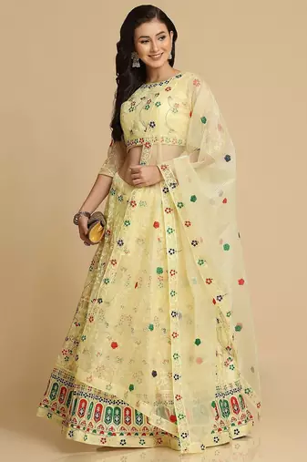 Embroidered Thread Work Semi-Stitched Lehenga & Unstitched Blouse With Dupatta