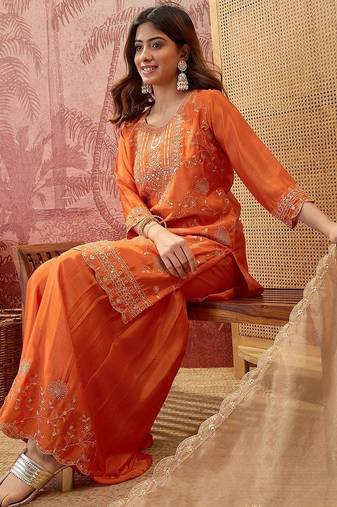 Embroidered round neck kurta & sharara with dupatta