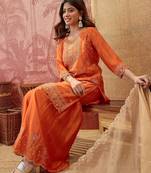 Embroidered round neck kurta & sharara with dupatta