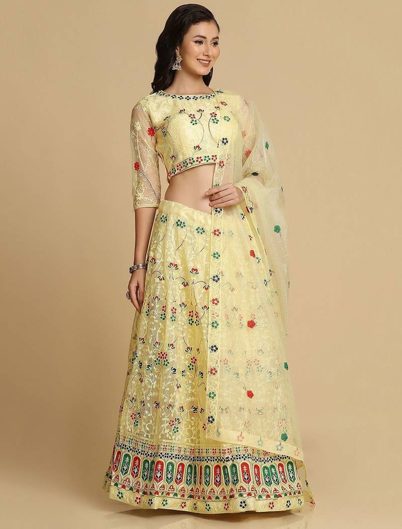 Embroidered Thread Work Semi-Stitched Lehenga & Unstitched Blouse With Dupatta