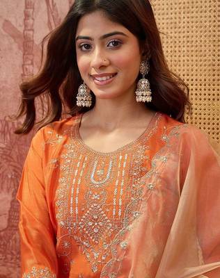 Embroidered round neck kurta & sharara with dupatta 2