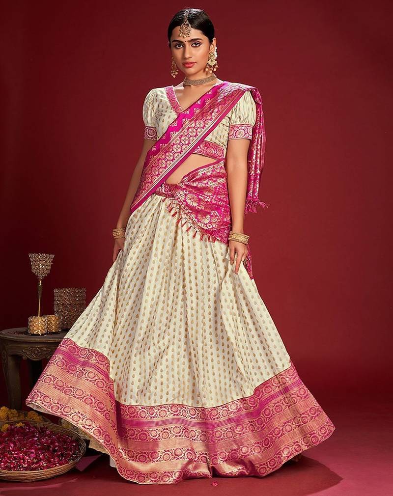 Embroidered Thread Work Semi-Stitched Lehenga & Unstitched Blouse With Dupatta