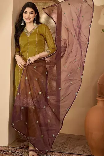 Embroidered  v-neck kurta & trousers kurta sets