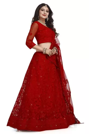 Embroidered Thread Work Semi-Stitched Lehenga & Unstitched Blouse With Dupatta