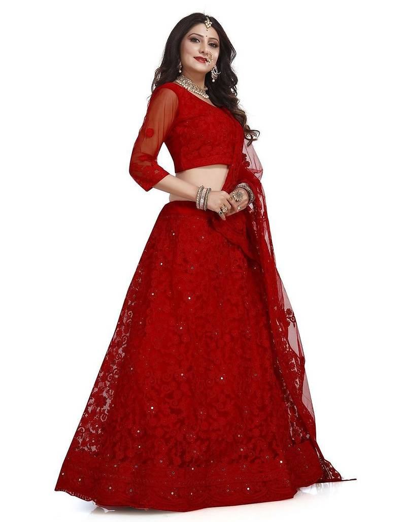 Embroidered Thread Work Semi-Stitched Lehenga & Unstitched Blouse With Dupatta