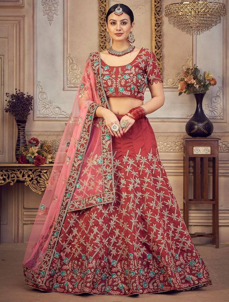 Embroidered Thread Work Semi-Stitched Lehenga & Unstitched Blouse With Dupatta