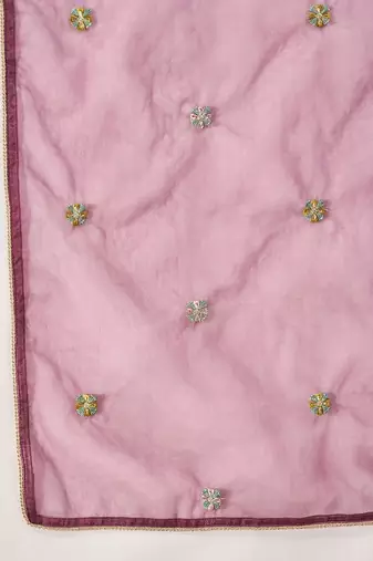 Embroidered v-neck kurta & trousers with dupatta
