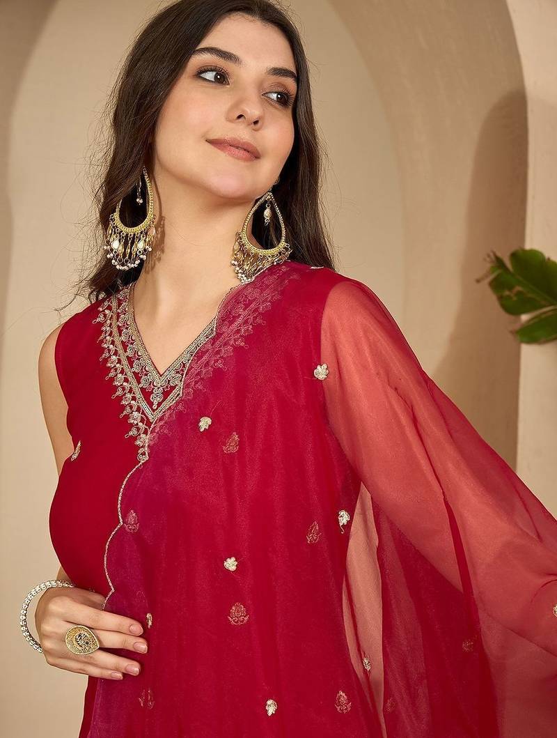 Floral embroidered thread work straight kurta with sharara & dupatta