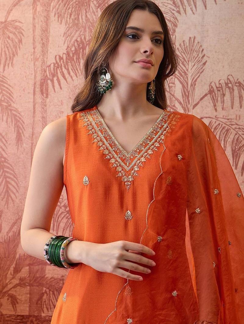 Embroidered v-neck kurta & sharara kurta set