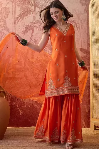 Embroidered v-neck kurta & sharara kurta set