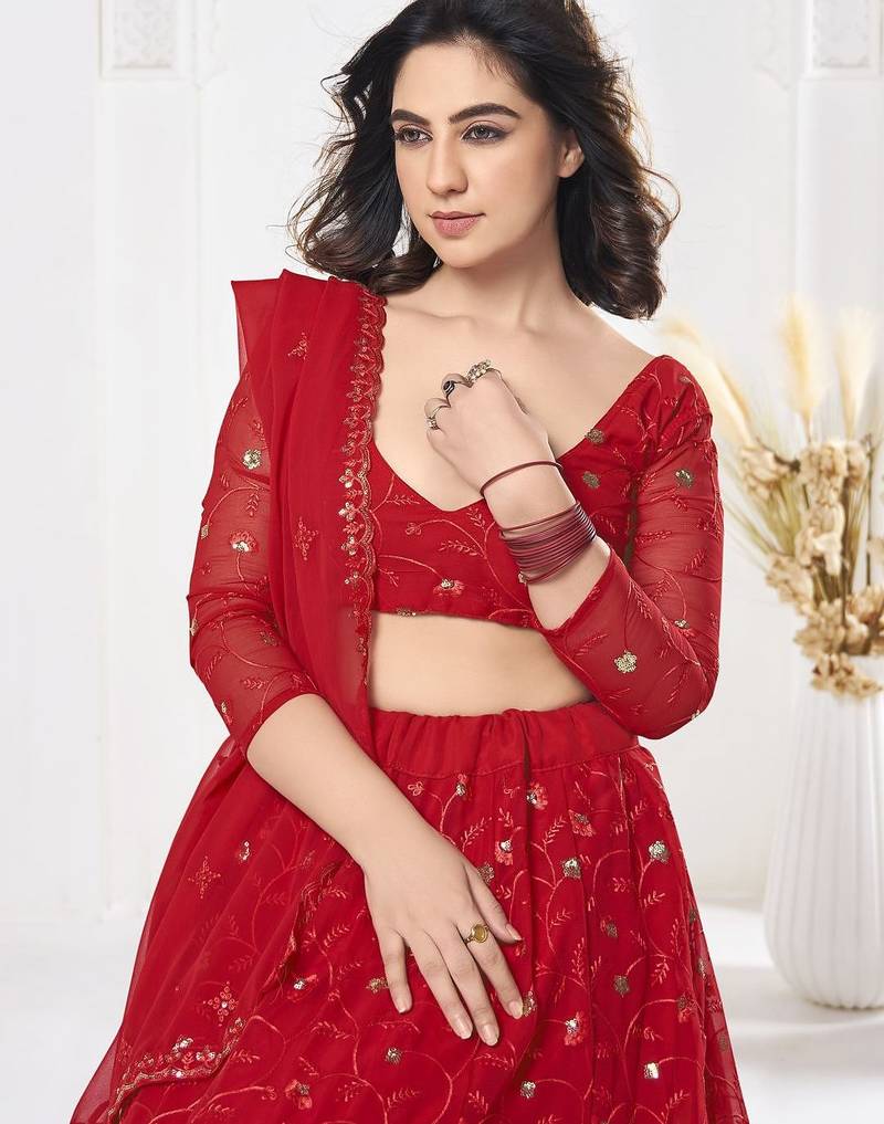 Embroidered Sequinned Semi-Stitched Lehenga & Unstitched Blouse With Dupatta