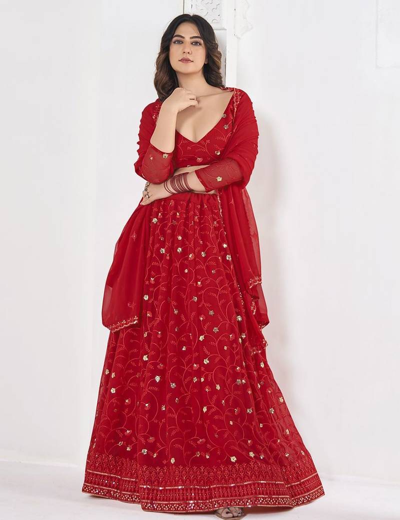 Embroidered Sequinned Semi-Stitched Lehenga & Unstitched Blouse With Dupatta