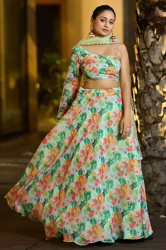 Printed Semi-Stitched Lehenga & Unstitched Blouse With Dupatta