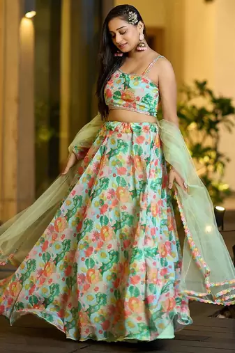 Printed Semi-Stitched Lehenga & Unstitched Blouse With Dupatta