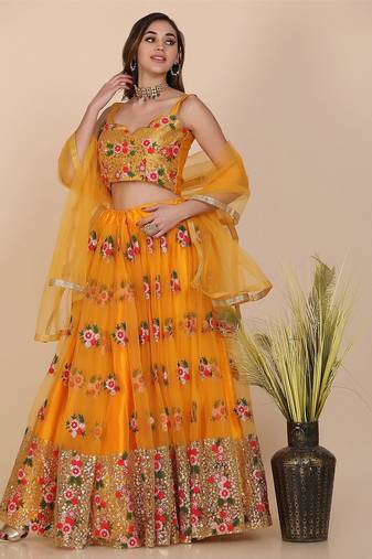 Embroidered Sequinned Semi-Stitched Lehenga & Unstitched Blouse With Dupatta