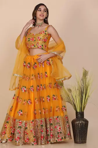 Embroidered Sequinned Semi-Stitched Lehenga & Unstitched Blouse With Dupatta
