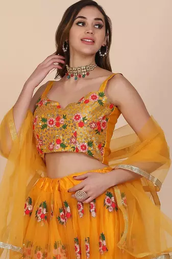 Embroidered Sequinned Semi-Stitched Lehenga & Unstitched Blouse With Dupatta