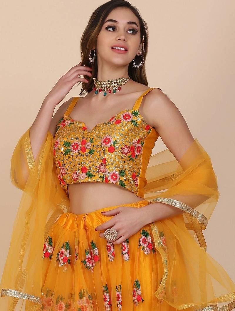 Embroidered Sequinned Semi-Stitched Lehenga & Unstitched Blouse With Dupatta