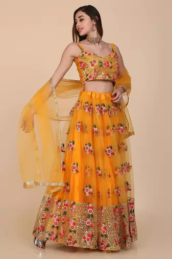 Embroidered Sequinned Semi-Stitched Lehenga & Unstitched Blouse With Dupatta