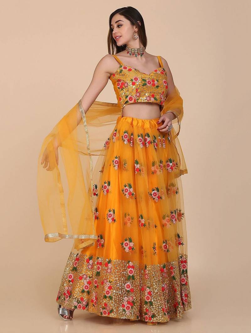 Embroidered Sequinned Semi-Stitched Lehenga & Unstitched Blouse With Dupatta