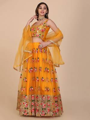 Embroidered Sequinned Semi-Stitched Lehenga & Unstitched Blouse With Dupatta 4