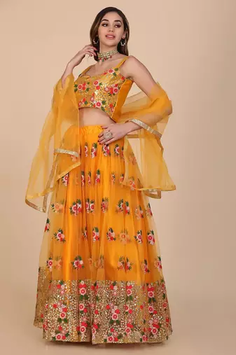 Embroidered Sequinned Semi-Stitched Lehenga & Unstitched Blouse With Dupatta