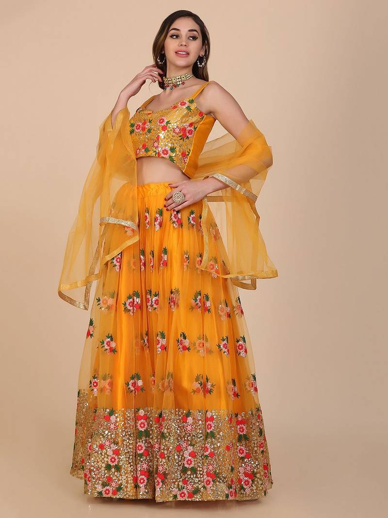 Embroidered Sequinned Semi-Stitched Lehenga & Unstitched Blouse With Dupatta