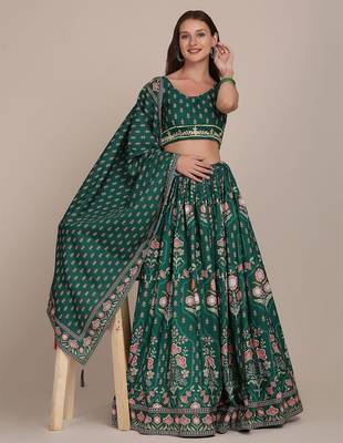 Printed Thread Work Semi-Stitched Lehenga & Unstitched Blouse With Dupatta 1