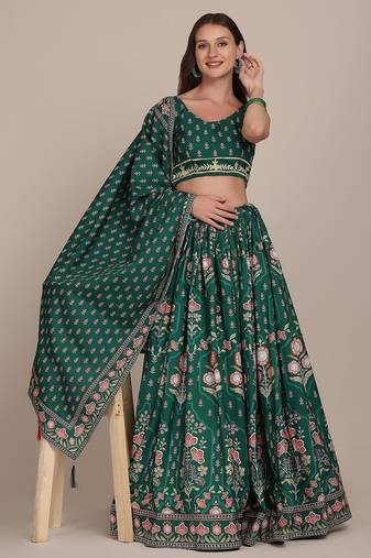 Printed Thread Work Semi-Stitched Lehenga & Unstitched Blouse With Dupatta