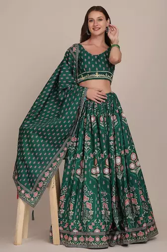 Printed Thread Work Semi-Stitched Lehenga & Unstitched Blouse With Dupatta