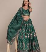 Printed Thread Work Semi-Stitched Lehenga & Unstitched Blouse With Dupatta