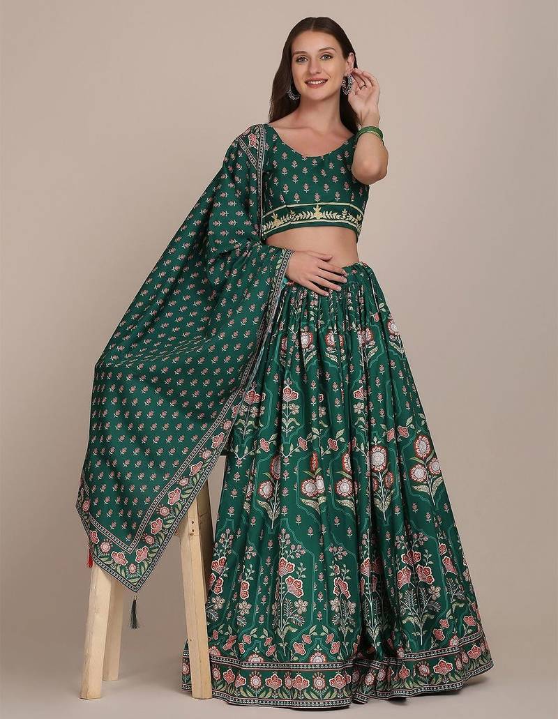 Printed Thread Work Semi-Stitched Lehenga & Unstitched Blouse With Dupatta