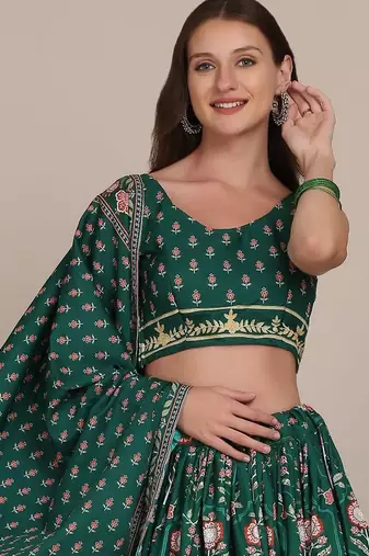 Printed Thread Work Semi-Stitched Lehenga & Unstitched Blouse With Dupatta