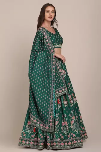 Printed Thread Work Semi-Stitched Lehenga & Unstitched Blouse With Dupatta