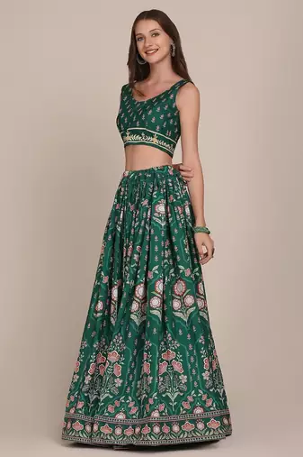 Printed Thread Work Semi-Stitched Lehenga & Unstitched Blouse With Dupatta