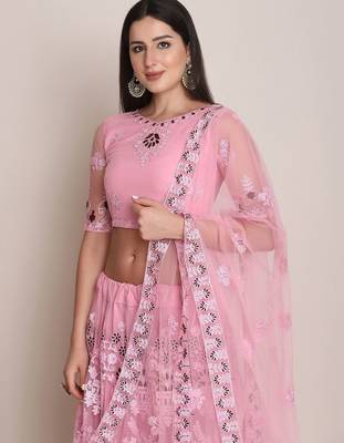 Embroidered Thread Work Semi-Stitched Lehenga & Unstitched Blouse With Dupatta 2