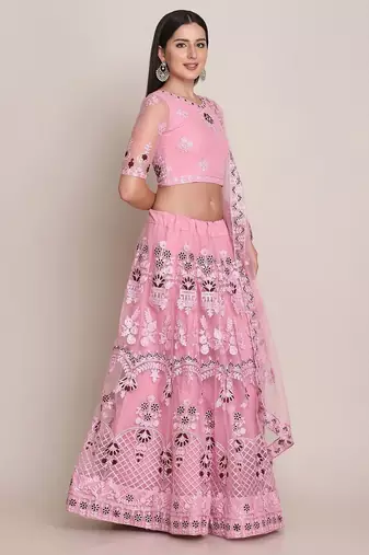 Embroidered Thread Work Semi-Stitched Lehenga & Unstitched Blouse With Dupatta