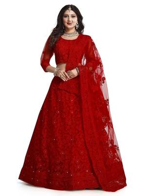 Embroidered Thread Work Semi-Stitched Lehenga With Unstitched Blouse & Dupatta 1