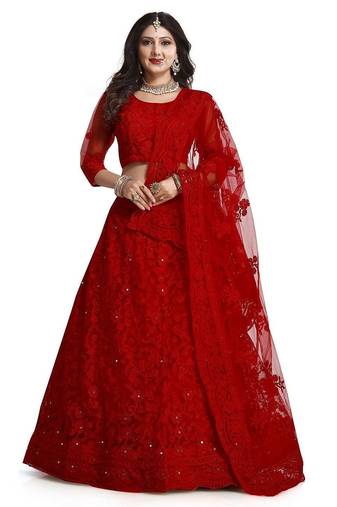 Embroidered Thread Work Semi-Stitched Lehenga With Unstitched Blouse & Dupatta