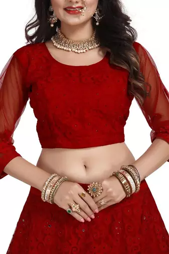 Embroidered Thread Work Semi-Stitched Lehenga With Unstitched Blouse & Dupatta