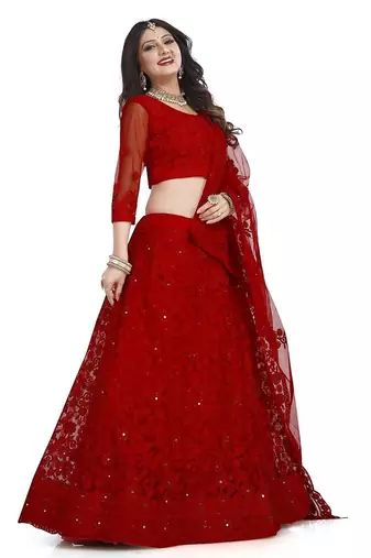 Embroidered Thread Work Semi-Stitched Lehenga With Unstitched Blouse & Dupatta