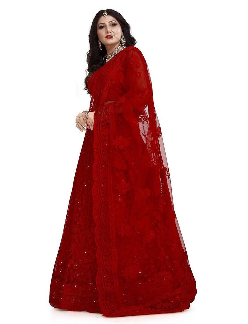 Embroidered Thread Work Semi-Stitched Lehenga With Unstitched Blouse & Dupatta