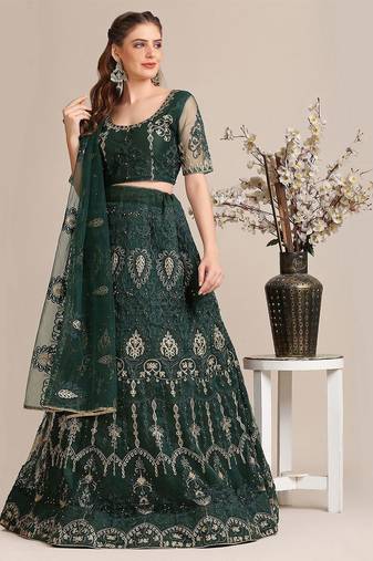 Embroidered Thread Work Semi-Stitched Lehenga With Unstitched Blouse & Dupatta