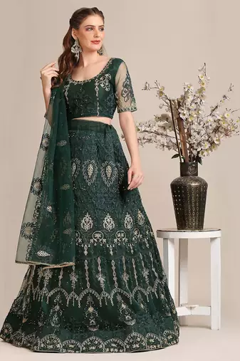 Embroidered Thread Work Semi-Stitched Lehenga With Unstitched Blouse & Dupatta