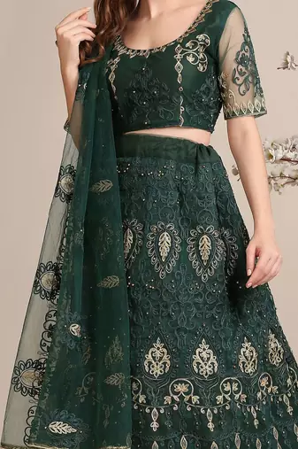Embroidered Thread Work Semi-Stitched Lehenga With Unstitched Blouse & Dupatta