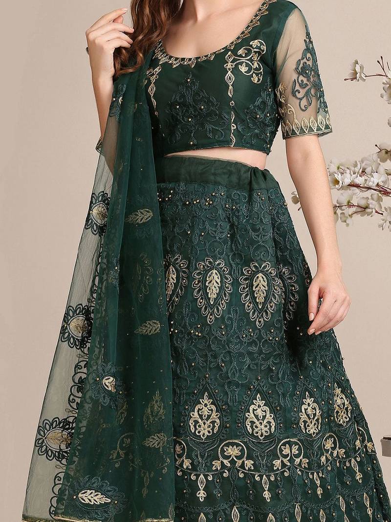 Embroidered Thread Work Semi-Stitched Lehenga With Unstitched Blouse & Dupatta