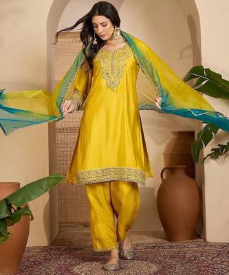 Embroidered round neck  kurta trousers & dupatta 1