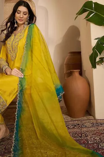Embroidered round neck  kurta trousers & dupatta