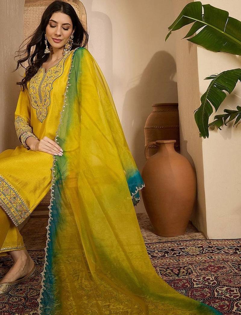 Embroidered round neck  kurta trousers & dupatta